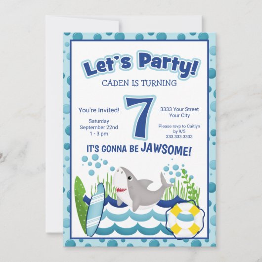 Harde oceaan Beach Shark 7th Birthday Invitation Kaart (Voorkant)