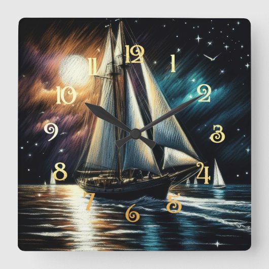 Harde Pastel Teken Nacht Zeilen Vierkante Klok (Voorkant)
