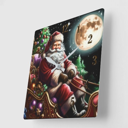 Harde pastel tekening Kerstman in Sleigh Vierkante Klok (Hoek)