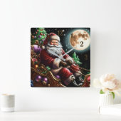 Harde pastel tekening Kerstman in Sleigh Vierkante Klok (Huis)