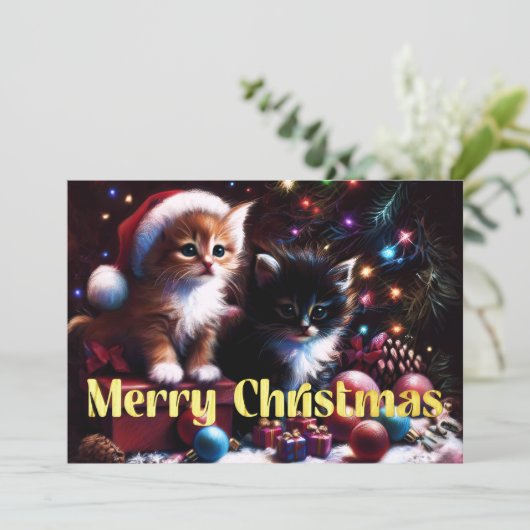 Harde Pastel Tekening Kerstmis 2 Kittens Kaart (Staand voorkant)