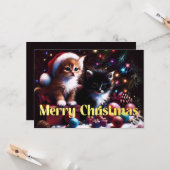 Harde Pastel Tekening Kerstmis 2 Kittens Kaart (Voorkant / Achterkant in situ)