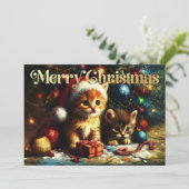 Harde Pastel Tekening Kerstmis Twee Kittens Kaart (Staand voorkant)