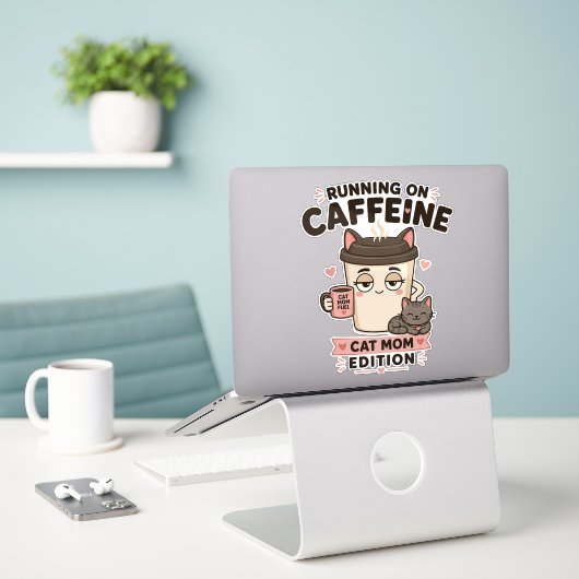 Hardlopen Op Cafeïne Grappige Kat Moeder Laptop St Sticker (Laptop op bureau)