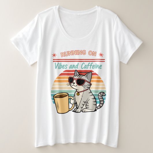 Hardlopen op Vibes & Cafeïne - Cool Cat Retro Grote Maat T-shirt (Design voorkant)