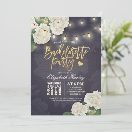 Hardrangea Flowers String Lights Bachelorette Part Kaart (Staand voorkant)
