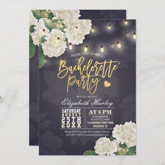 Hardrangea Flowers String Lights Bachelorette Part Kaart (Voorkant / Achterkant)