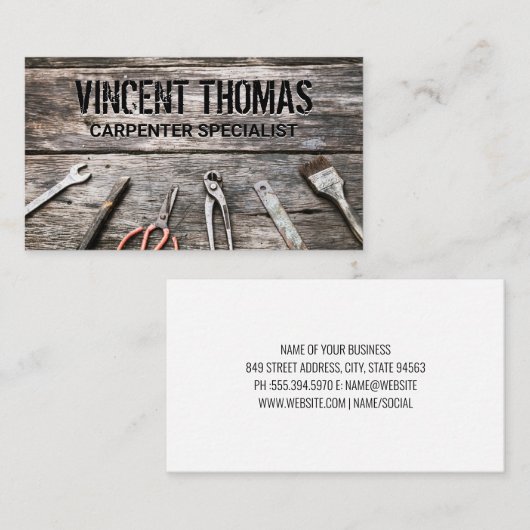 Hardwaretools op houten tafel visitekaartje (Voorkant / Achterkant)