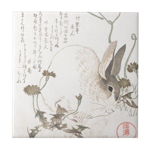 Hare and Dandelion, Kubo Shunman, Japanse kunst Tegeltje (Voorkant)