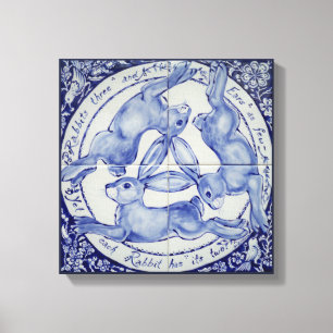 Hare Bird Tile Medallion Art Blue & White Canvas Afdruk