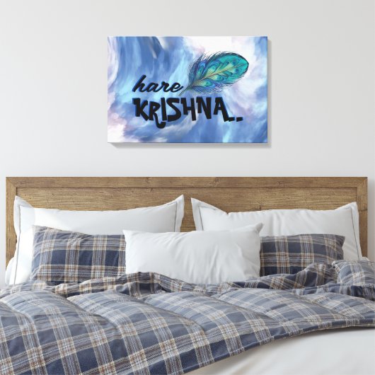 "Hare Krishna" Peacock Feather Hindu Canvas Afdruk (Insitu (Slaapkamer))