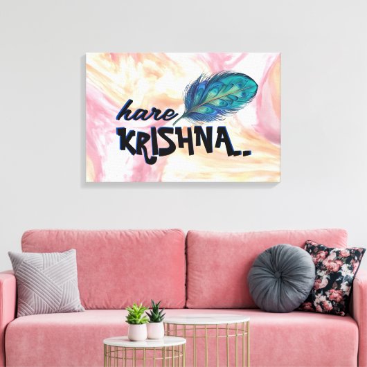 "Hare Krishna" Peacock Feather Hindu Canvas Afdruk (Insitu (Woonkamer))