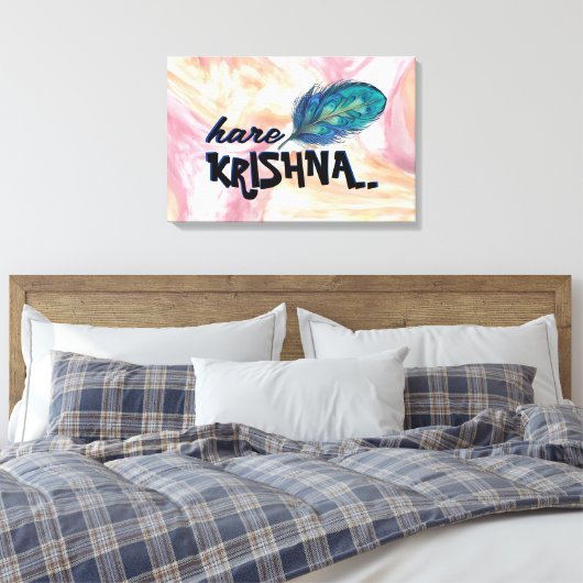 "Hare Krishna" Peacock Feather Hindu Canvas Afdruk (Insitu (Slaapkamer))