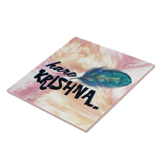 "Hare Krishna" Peacock Feather Hindu Tegeltje (Zijkant)