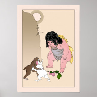 Hare & Monkey Wrestling by Yoshitoshi Poster