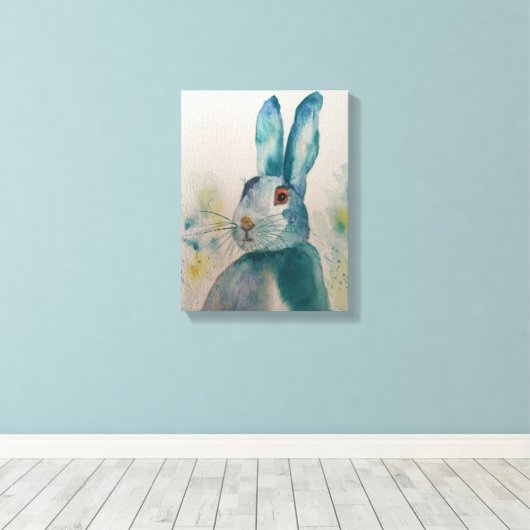 Hare Rabbit Waterverf Blue Canvas Print (Insitu (Houten vloer))