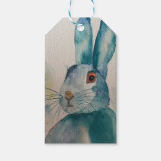 Hare Rabbit Waterverf Blue gift label. Cadeaulabel