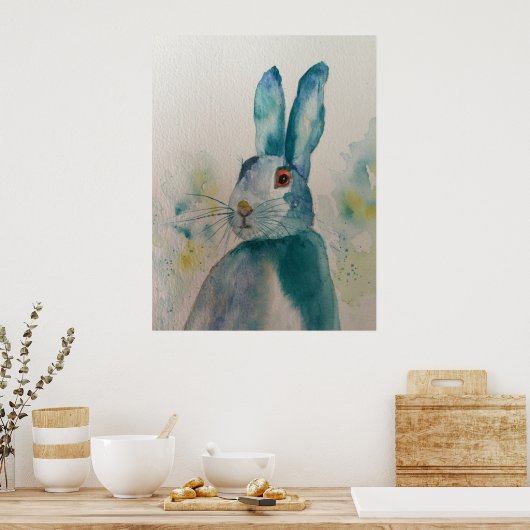 Hare Rabbit Waterverf Blue Poster (Keuken)