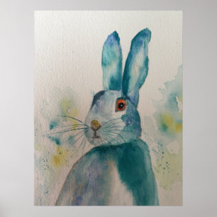 Hare Rabbit Waterverf Blue Poster