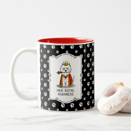 Hare Royal Highness Queen Westie Dog Tweekleurige Koffiemok (Met donut)