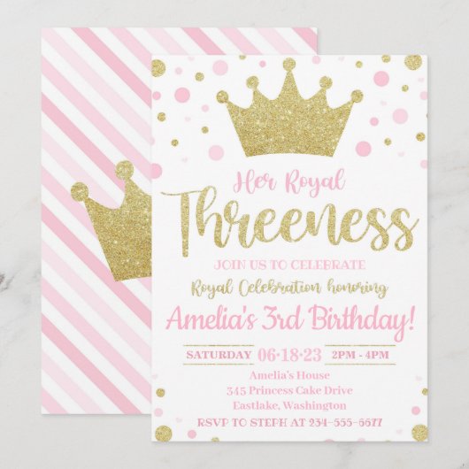 Hare Royal Threeness Invitation | Prinses Invite Kaart (Voorkant / Achterkant)