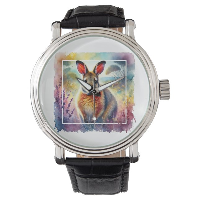 Hare Wallaby 030924AREF125 - Watercolor Horloge (Voorkant)
