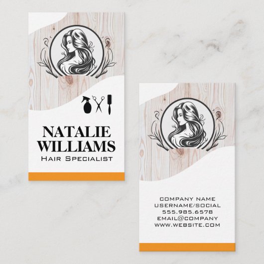 Haren stylist tools | Hout | Schoonheid van vrouwe Visitekaartje (Voorkant / Achterkant)