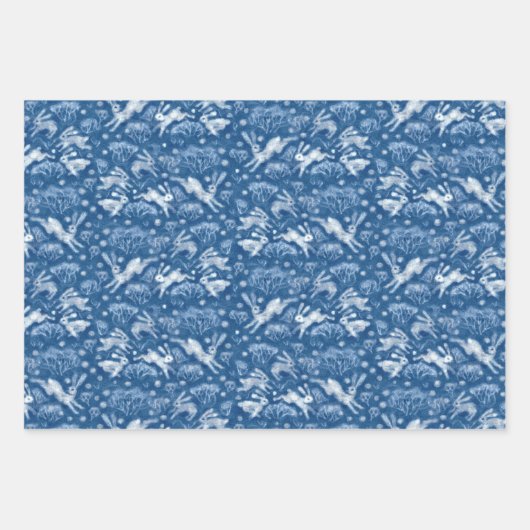 Hares Field Bunnies Rabbits Pattern Blue White Inpakpapier Vel (Voorkant 2)