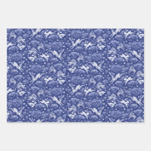 Hares Field Bunnies Rabbits Pattern Blue White Inpakpapier Vel (Voorkant)