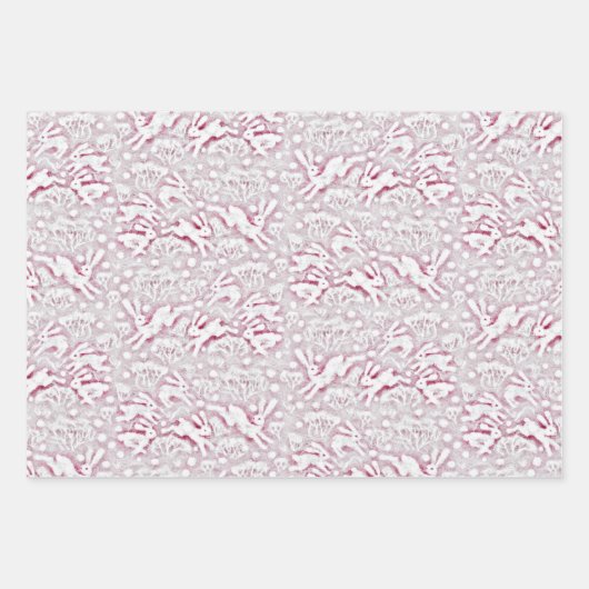 Hares Field Bunnies Rabbits Pattern White Snow Inpakpapier Vel (Voorkant 3)