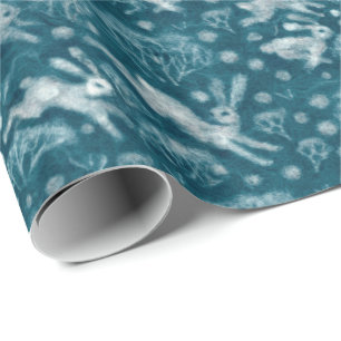 Hares Field Bunnies Rabbits Winter Pattern Blauwgr Cadeaupapier