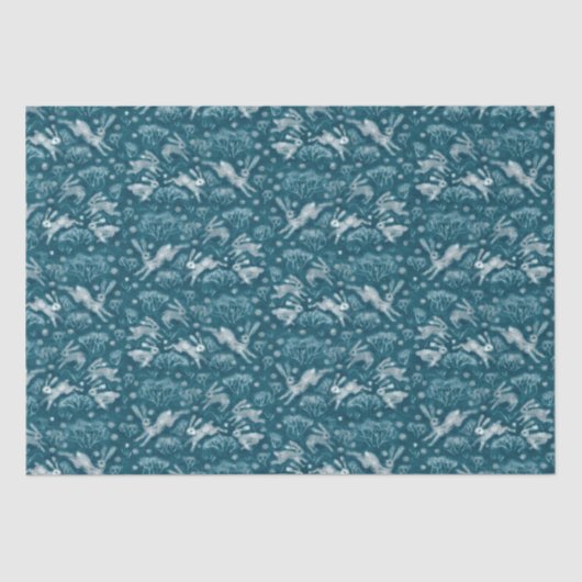 Hares Field Bunnies Rabbits Winter Pattern Blauwgr Tissuepapier (Voorkant)