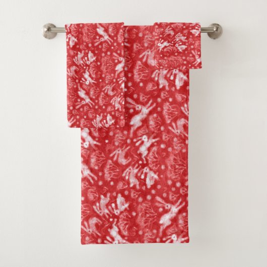 Hares Snow Field Bunnies Rabbit Winter Pattern Red Bad Handdoek (Insitu)