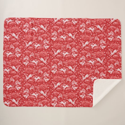 Hares Snow Field Bunnies Rabbit Winter Pattern Red Sherpa Deken (Voorkant (horizontaal))