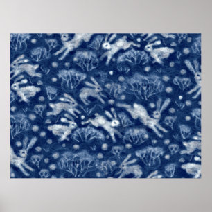 Hares Snow Field White Rabbits Winter Animals Blue Poster