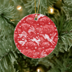 Hares Snow Field White Rabbits Winter Animals Red Keramisch Ornament