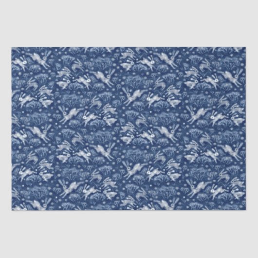 Hares Snow Field White Rabbits Winter Pattern Blue Tissuepapier (Voorkant)