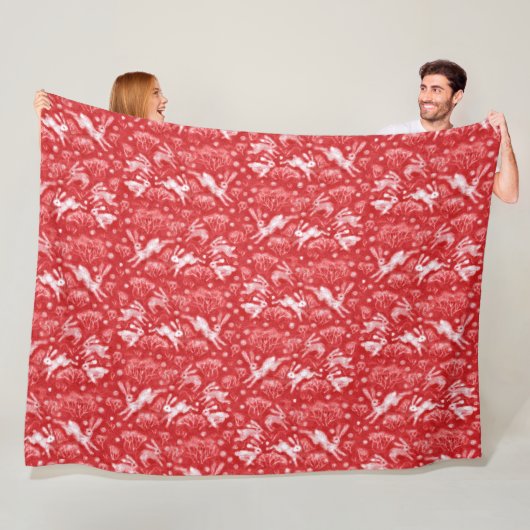 Hares Snow Field White Rabbits Winter Pattern Red Fleece Deken (In situ)