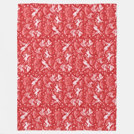 Hares Snow Field White Rabbits Winter Pattern Red Fleece Deken (Voorkant)