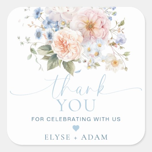 Hargrove Blauwe Bloemige Bedank Favor Vierkante Sticker (Voorkant)