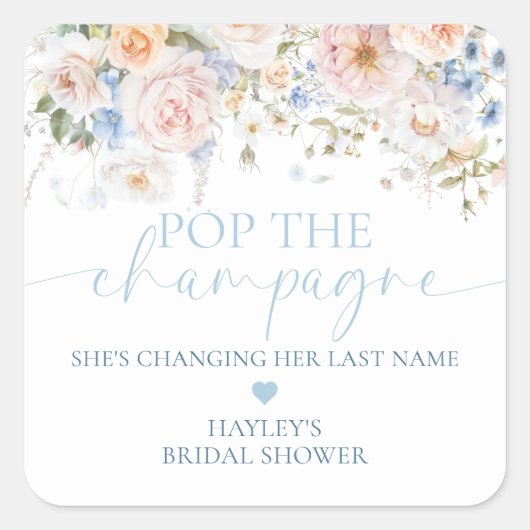 Hargrove Blauwe Bloemige Knal De Champagne Bruidsd Vierkante Sticker (Voorkant)
