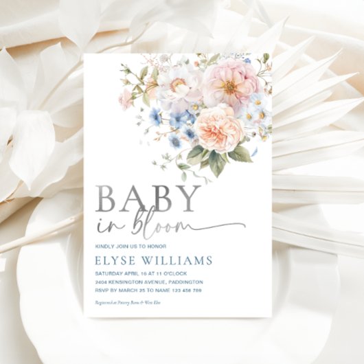 Hargrove Blue Floral Baby in Bloom Baby shower Folie Uitnodiging