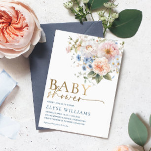 Hargrove Blue Floral Baby shower Gold Folie Uitnodiging