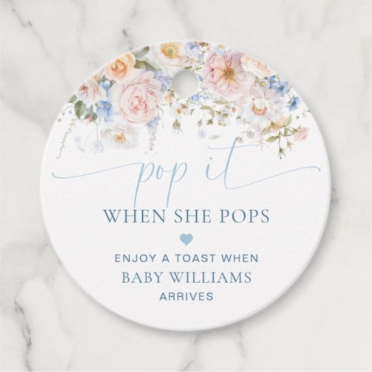 Hargrove Blue Floral Baby shower Pop It Bedankjes Labels (Voorkant)