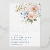 Hargrove Blue Floral Baby shower Silver Folie Uitnodiging (Voorkant)