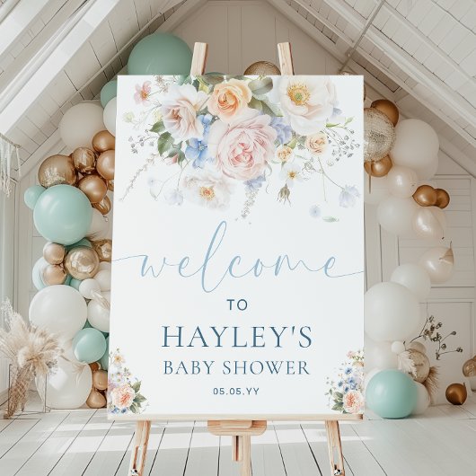 Hargrove Blue Floral Baby shower Welkomstbord Poster