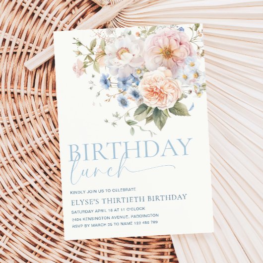 Hargrove Blue Floral Verjaardagslunch Kaart