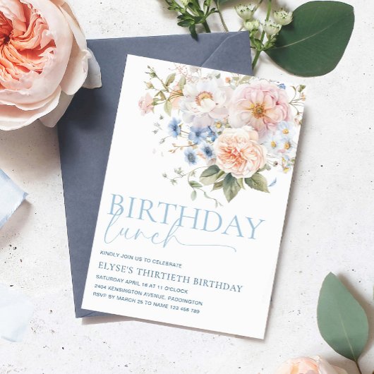 Hargrove Blue Floral Verjaardagslunch Kaart