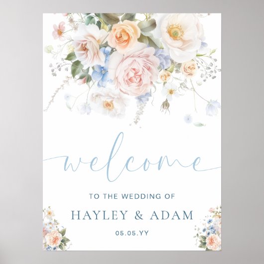 Hargrove Blue Floral Wedding Welkomstbord Poster (Voorkant)