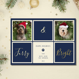 Harig en helder marineblauw goud folie foto hond feestdagenkaart